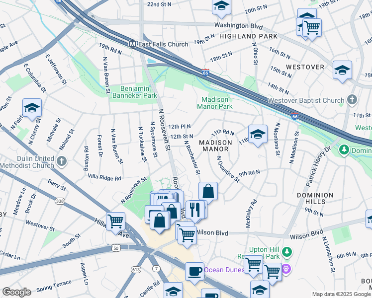 map of restaurants, bars, coffee shops, grocery stores, and more near 1116 North Rochester Street in Arlington