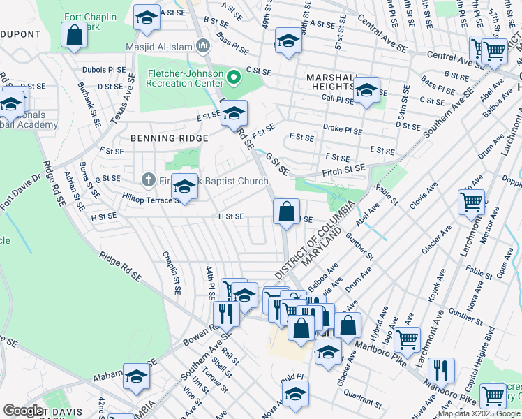 map of restaurants, bars, coffee shops, grocery stores, and more near 4638 H Street Southeast in Washington