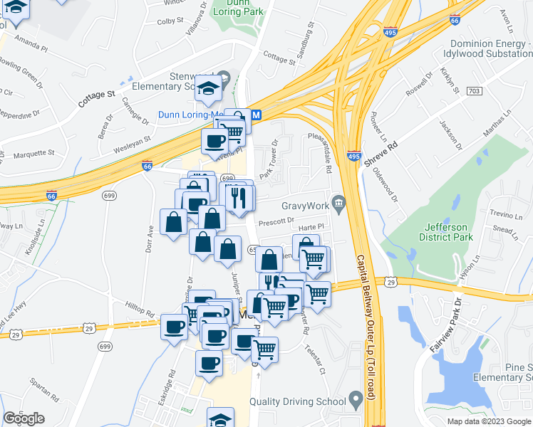 map of restaurants, bars, coffee shops, grocery stores, and more near 8138 Prescott Drive in Vienna