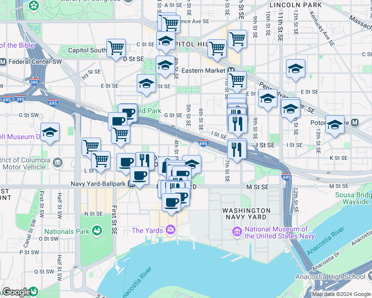 map of restaurants, bars, coffee shops, grocery stores, and more near 911 5th Street Southeast in Washington