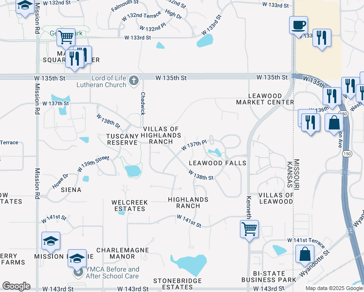 map of restaurants, bars, coffee shops, grocery stores, and more near 2708 West 137th Place in Overland Park