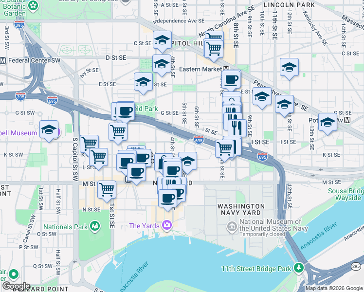 map of restaurants, bars, coffee shops, grocery stores, and more near 101 Independence Avenue Southeast in Washington