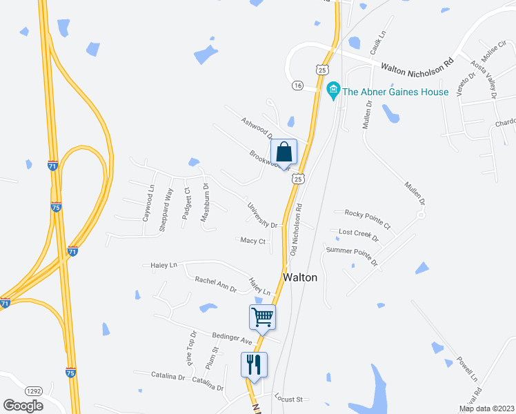 map of restaurants, bars, coffee shops, grocery stores, and more near 228 University Drive in Walton