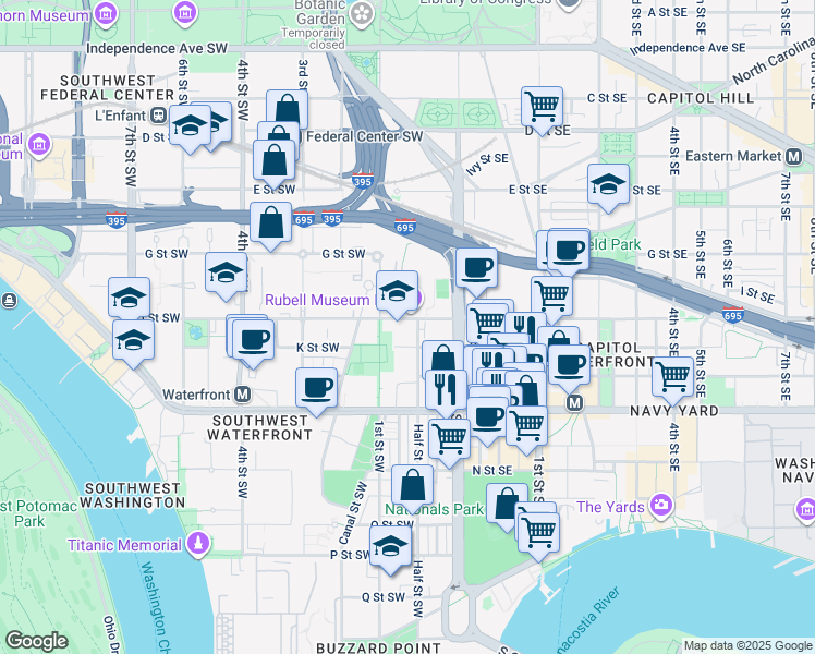 map of restaurants, bars, coffee shops, grocery stores, and more near 60 I Street Southwest in Washington