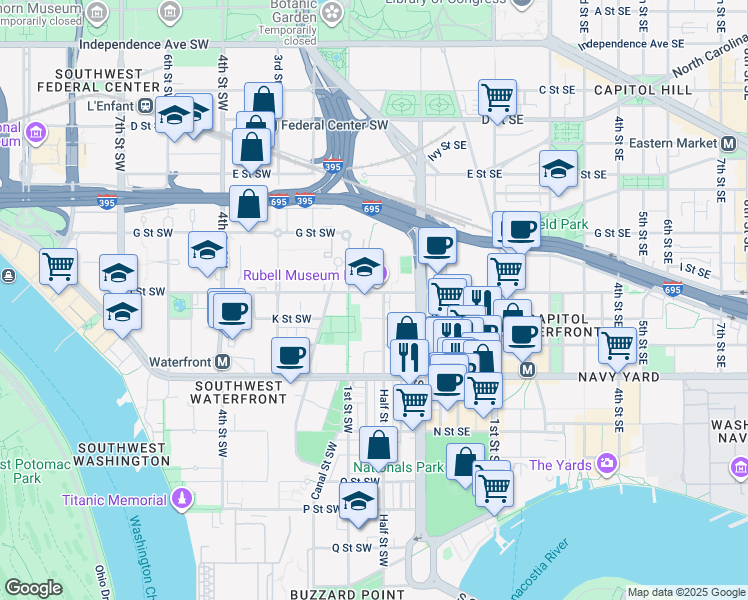 map of restaurants, bars, coffee shops, grocery stores, and more near 60 I Street Southwest in Washington