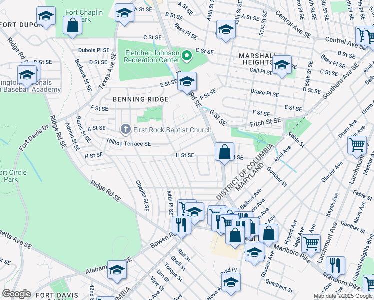 map of restaurants, bars, coffee shops, grocery stores, and more near 1100 46th Street Southeast in Washington