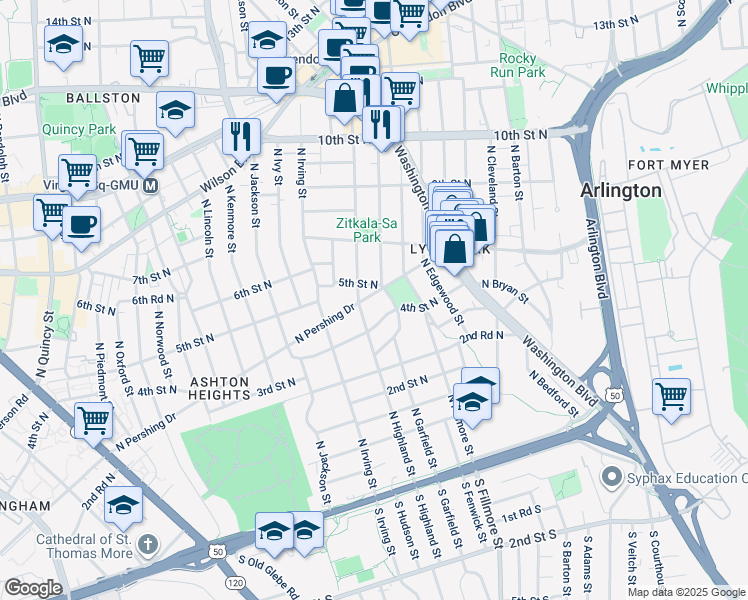 map of restaurants, bars, coffee shops, grocery stores, and more near 3010 North Pershing Drive in Arlington