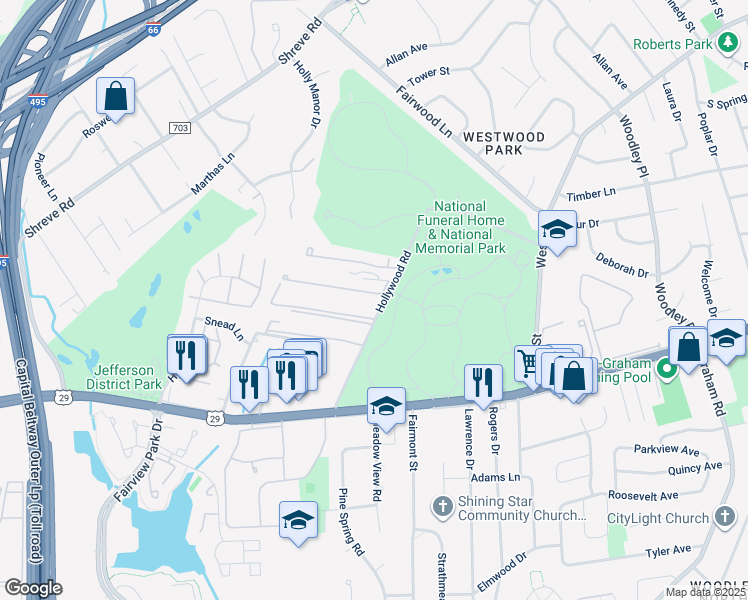 map of restaurants, bars, coffee shops, grocery stores, and more near 2752 Hollywood Road in Falls Church
