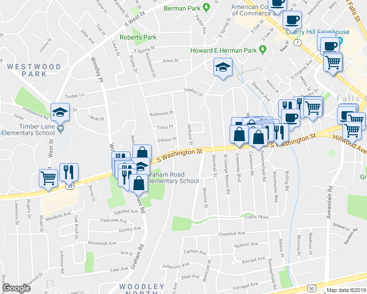 map of restaurants, bars, coffee shops, grocery stores, and more near 1276 South Washington Street in Falls Church