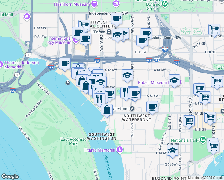 map of restaurants, bars, coffee shops, grocery stores, and more near 905 6th Street Southwest in Washington