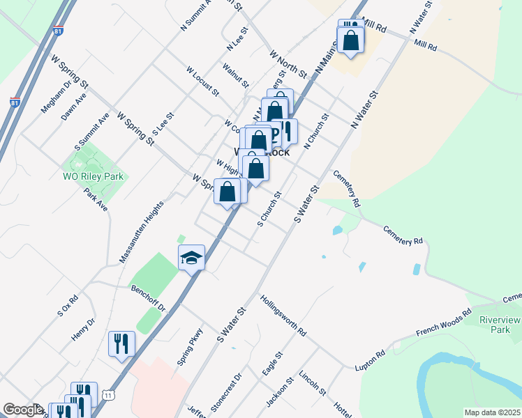 map of restaurants, bars, coffee shops, grocery stores, and more near 224 South Church Street in Woodstock