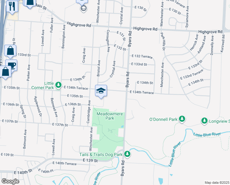 map of restaurants, bars, coffee shops, grocery stores, and more near 7205 East 134th Terrace in Grandview