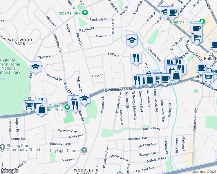 map of restaurants, bars, coffee shops, grocery stores, and more near 1276 South Washington Street in Falls Church