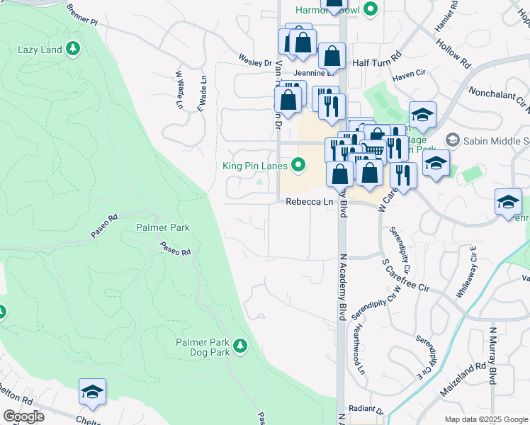 map of restaurants, bars, coffee shops, grocery stores, and more near 3578 Parkmoor Village Drive in Colorado Springs