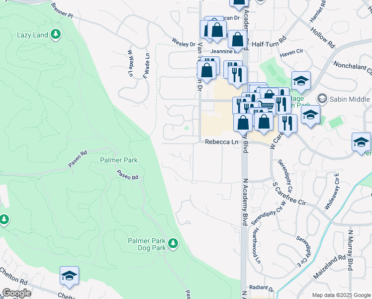 map of restaurants, bars, coffee shops, grocery stores, and more near 3578 Parkmoor Village Drive in Colorado Springs