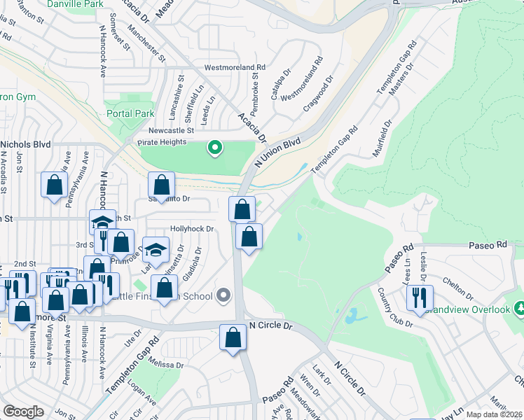 map of restaurants, bars, coffee shops, grocery stores, and more near 3271 Templeton Gap Road in Colorado Springs