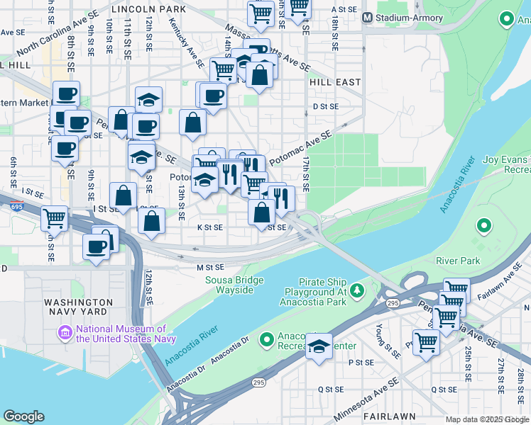 map of restaurants, bars, coffee shops, grocery stores, and more near 101 Independence Avenue Southeast in Washington