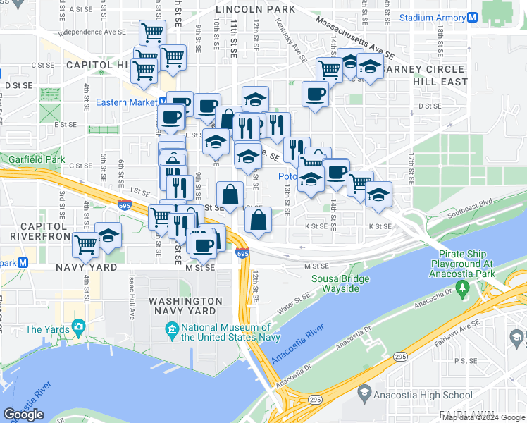 map of restaurants, bars, coffee shops, grocery stores, and more near 101 Independence Avenue Southeast in Washington