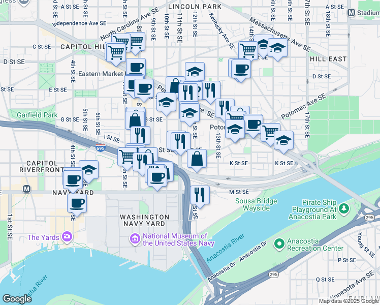 map of restaurants, bars, coffee shops, grocery stores, and more near 101 Independence Avenue Southeast in Washington