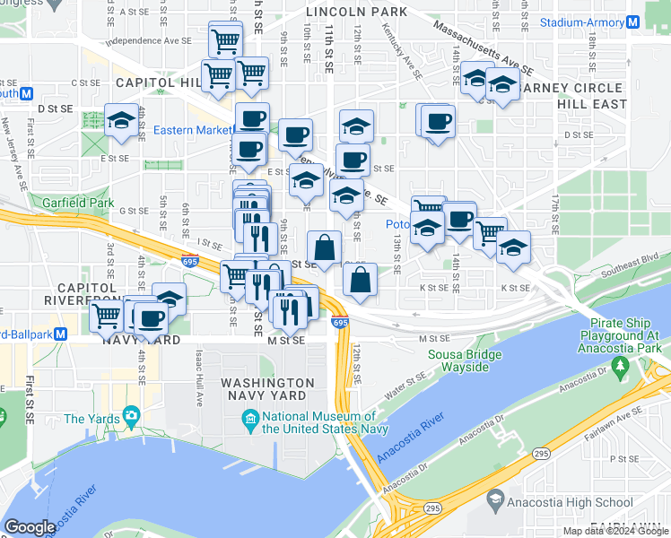 map of restaurants, bars, coffee shops, grocery stores, and more near 101 Independence Avenue Southeast in Washington