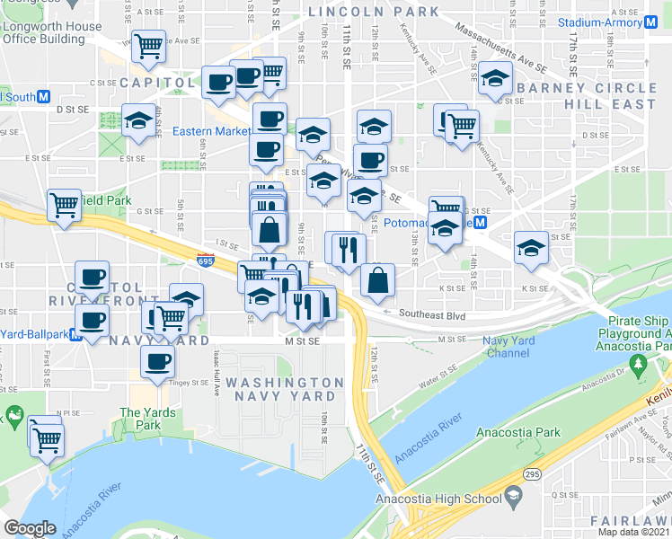 map of restaurants, bars, coffee shops, grocery stores, and more near 101 Independence Avenue Southeast in Washington