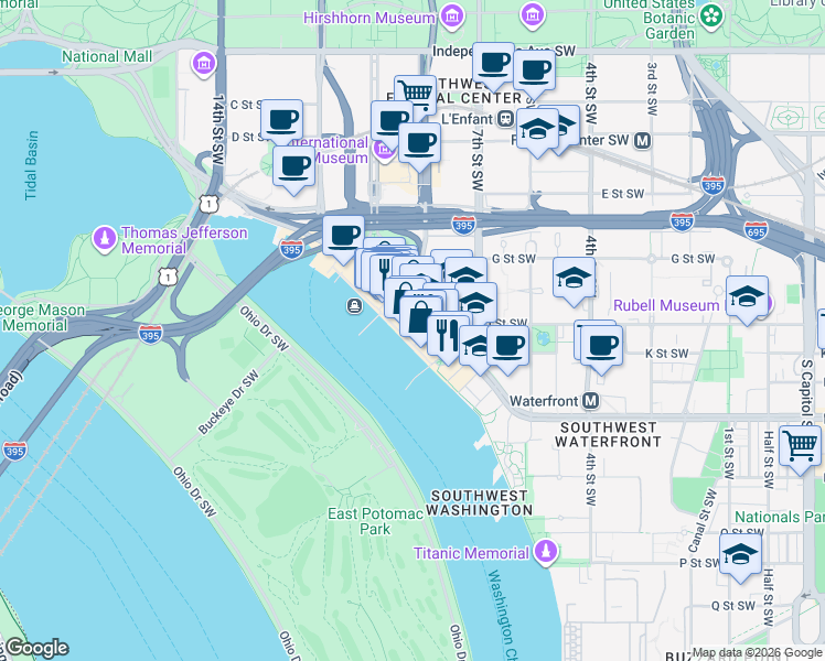 map of restaurants, bars, coffee shops, grocery stores, and more near 101 Independence Avenue Southeast in Washington