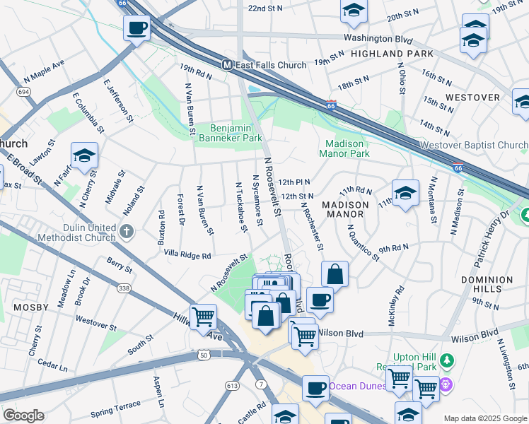 map of restaurants, bars, coffee shops, grocery stores, and more near 1007 North Sycamore Street in Falls Church