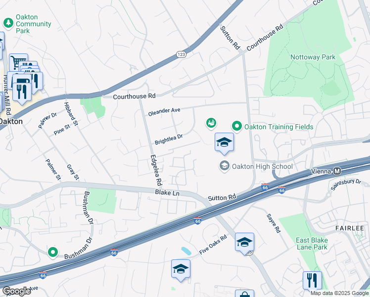 map of restaurants, bars, coffee shops, grocery stores, and more near 9843 Oakdale Woods Court in Vienna