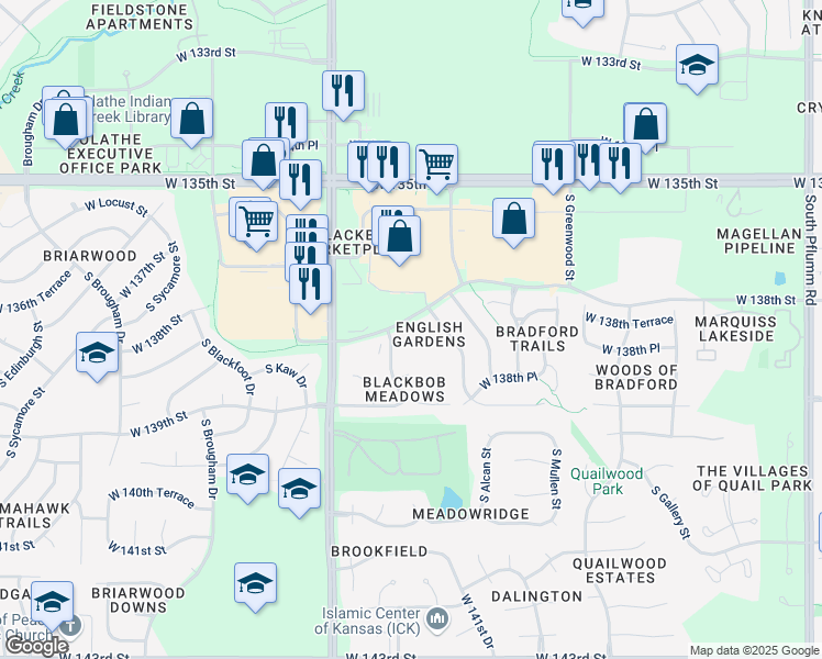 map of restaurants, bars, coffee shops, grocery stores, and more near 601 Darnell Street in Olathe