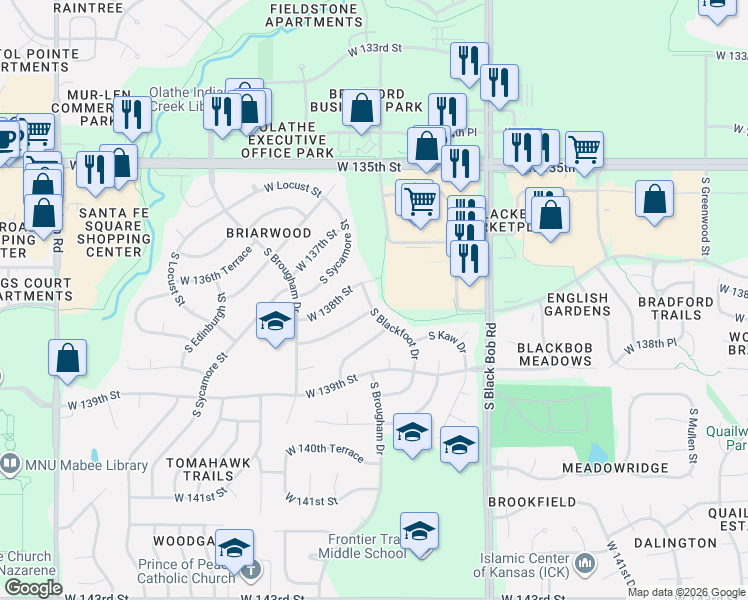 map of restaurants, bars, coffee shops, grocery stores, and more near 13771 South Blackfoot Drive in Olathe