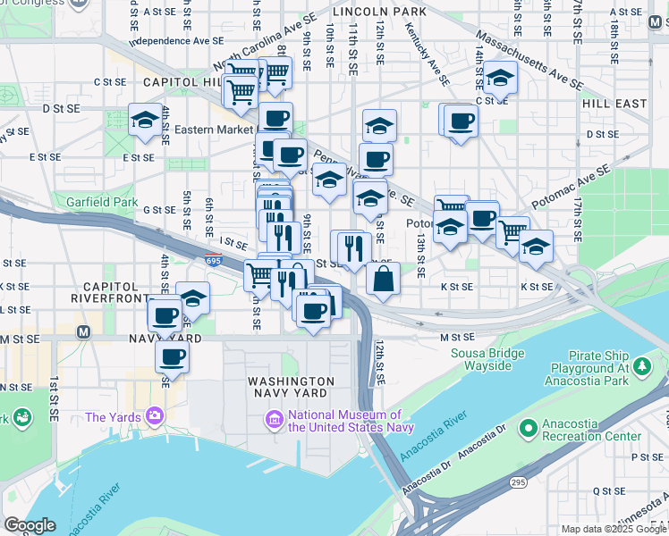 map of restaurants, bars, coffee shops, grocery stores, and more near 1003 I Street Southeast in Washington