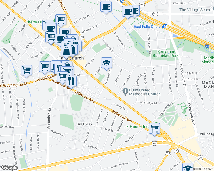 map of restaurants, bars, coffee shops, grocery stores, and more near 401 East Broad Street in Falls Church