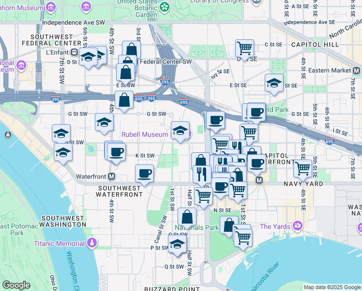 map of restaurants, bars, coffee shops, grocery stores, and more near 101 Independence Avenue Southeast in Washington