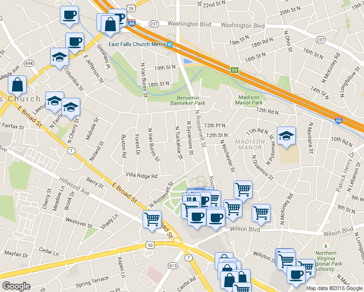 map of restaurants, bars, coffee shops, grocery stores, and more near 1009 North Tuckahoe Street in Falls Church