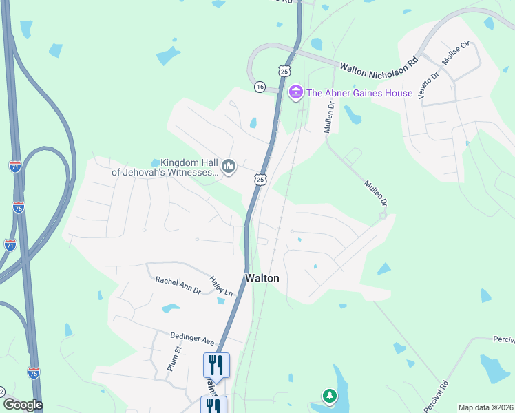 map of restaurants, bars, coffee shops, grocery stores, and more near 288 Old Nicholson Road in Walton