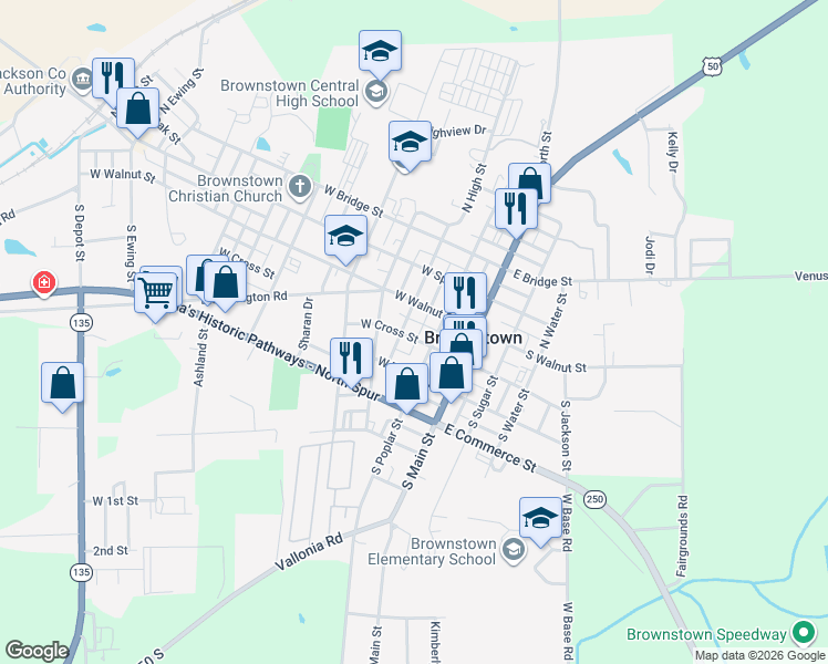 map of restaurants, bars, coffee shops, grocery stores, and more near 216 West Cross Street in Brownstown