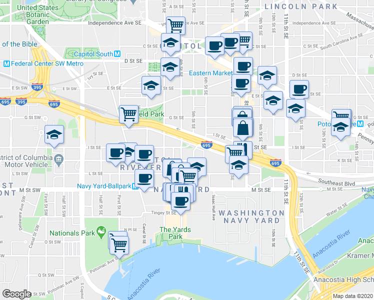 map of restaurants, bars, coffee shops, grocery stores, and more near 413 I Street Southeast in Washington