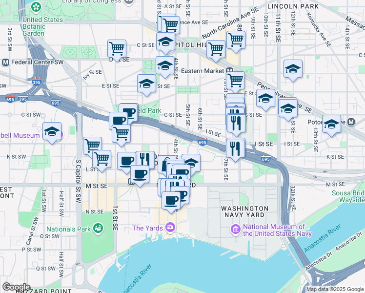 map of restaurants, bars, coffee shops, grocery stores, and more near 415 I Street Southeast in Washington