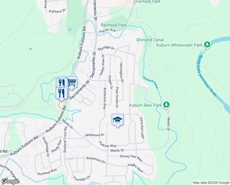 map of restaurants, bars, coffee shops, grocery stores, and more near 232 Poet Smith Drive in Auburn