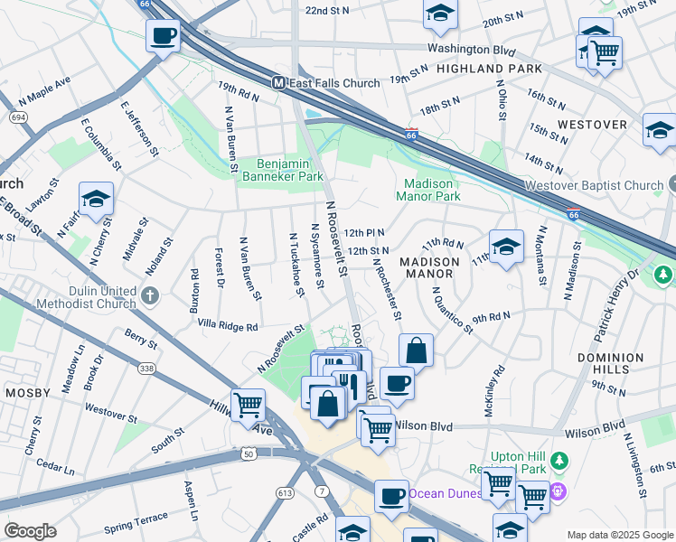 map of restaurants, bars, coffee shops, grocery stores, and more near 1006 North Roosevelt Street in Falls Church