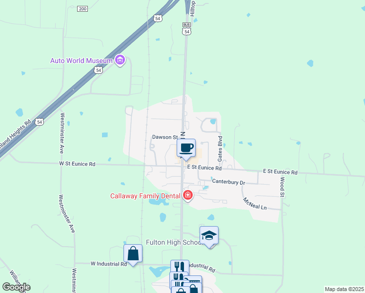 map of restaurants, bars, coffee shops, grocery stores, and more near 2665 North Bluff Street in Fulton