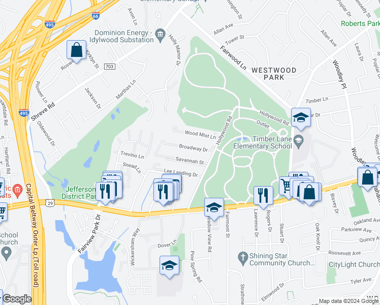 map of restaurants, bars, coffee shops, grocery stores, and more near 7602 Savannah Street in Falls Church