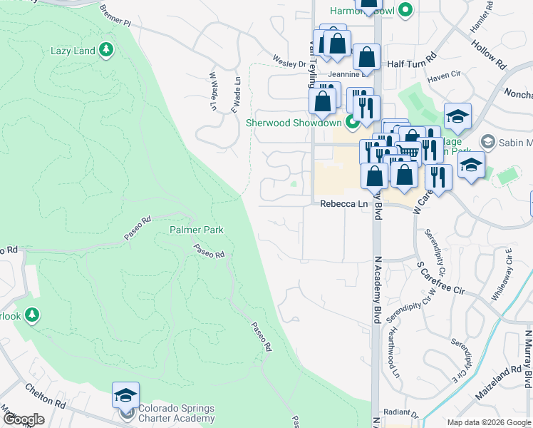 map of restaurants, bars, coffee shops, grocery stores, and more near 3445 Rebecca Lane in Colorado Springs