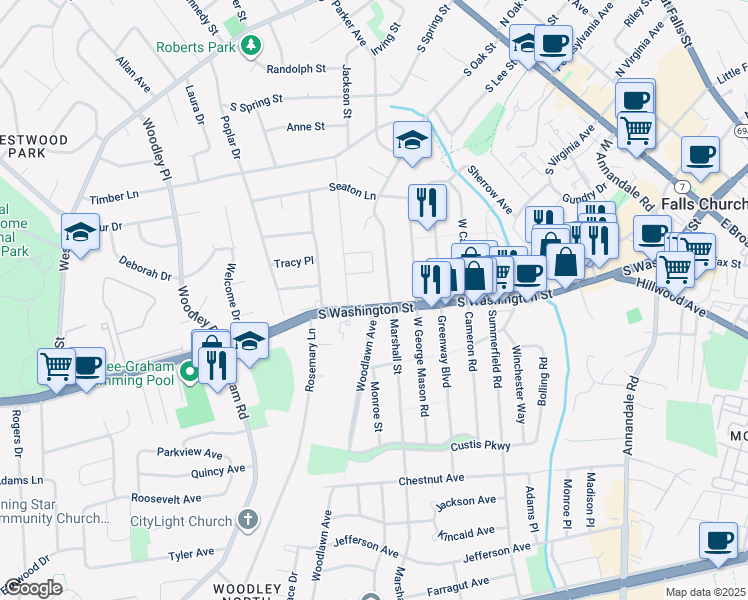 map of restaurants, bars, coffee shops, grocery stores, and more near 1130 South Washington Street in Falls Church