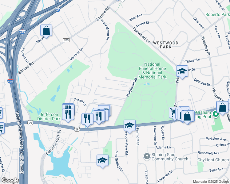 map of restaurants, bars, coffee shops, grocery stores, and more near 7602 Savannah Street in Falls Church