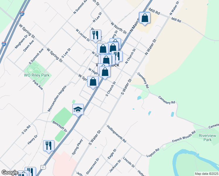 map of restaurants, bars, coffee shops, grocery stores, and more near 224 South Church Street in Woodstock