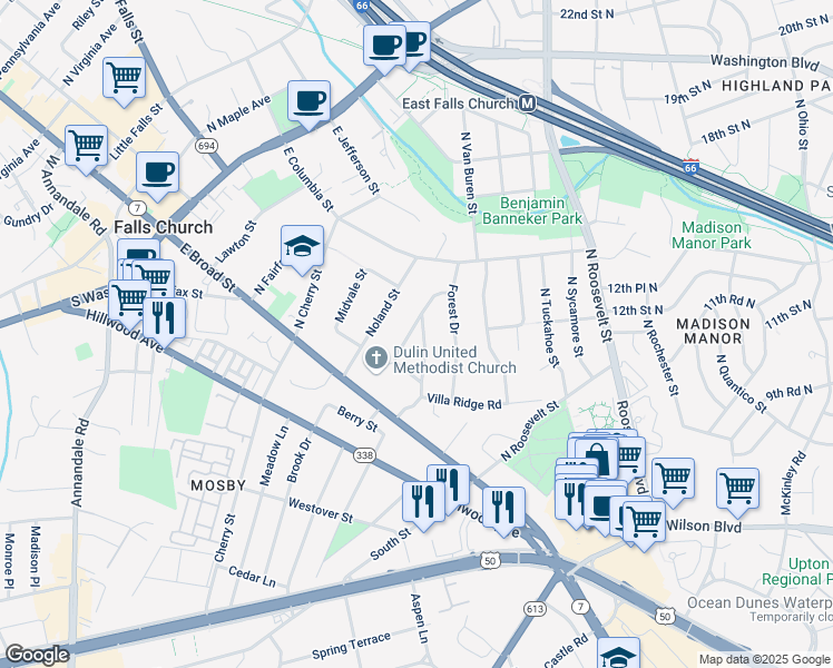 map of restaurants, bars, coffee shops, grocery stores, and more near 211 Buxton Road in Falls Church