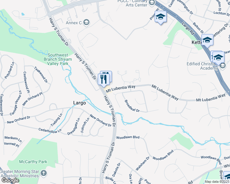 map of restaurants, bars, coffee shops, grocery stores, and more near 724 Narrowleaf Drive in Upper Marlboro