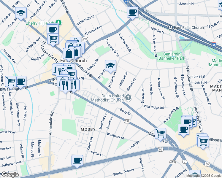 map of restaurants, bars, coffee shops, grocery stores, and more near 401 East Broad Street in Falls Church