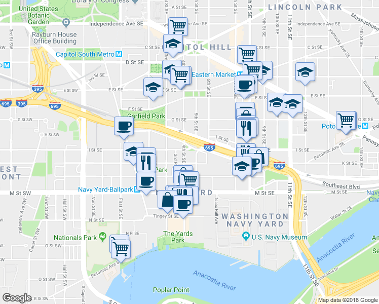 map of restaurants, bars, coffee shops, grocery stores, and more near 411 I Street Southeast in Washington